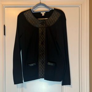 Chico’s Black Button-Up Cardigan with Quilted Faux leather trim, Size3/XL
